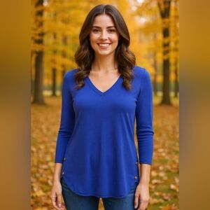 Jones New York -NWT, Blue Sweater W/Gold Accents, 3/4 Sleeves, V- Neck, SIZE M.